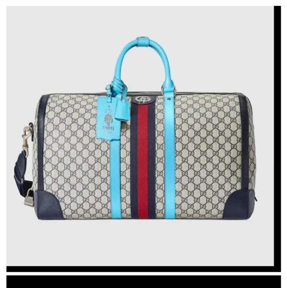Authentic Large Gucci UNISEX Savoy Beige and Light Blue Duffel Bag